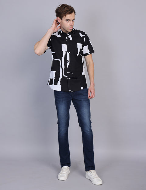 Wearhouse Men's Black & White Print Half Sleeve Regular Fit Cotton Shirt
