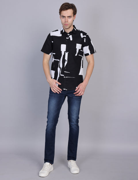Wearhouse Men's Black & White Print Half Sleeve Regular Fit Cotton Shirt