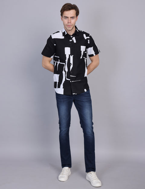 Wearhouse Men's Black & White Print Half Sleeve Regular Fit Cotton Shirt