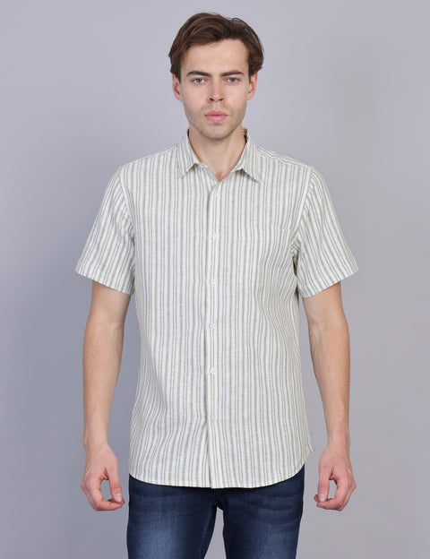 Wearhouse Men's White & Green Stripe Half Sleeve Regular Fit Cotton Shirt