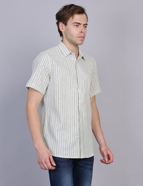 Wearhouse Men's White & Green Stripe Half Sleeve Regular Fit Cotton Shirt