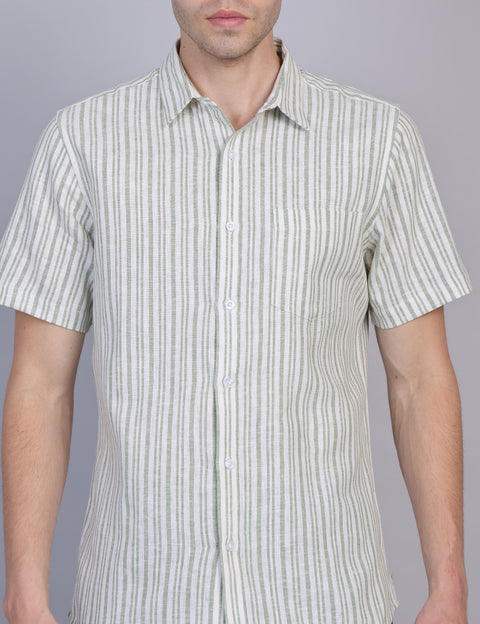 Wearhouse Men's White & Green Stripe Half Sleeve Regular Fit Cotton Shirt