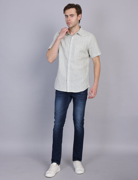 Wearhouse Men's White & Green Stripe Half Sleeve Regular Fit Cotton Shirt