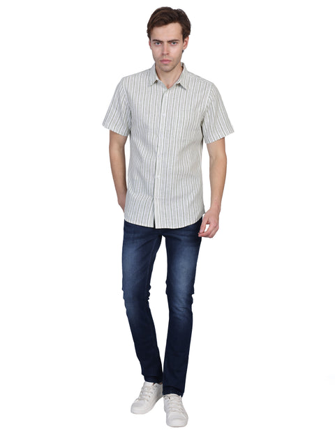 Wearhouse Men's White & Green Stripe Half Sleeve Regular Fit Cotton Shirt