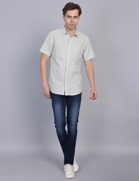 Wearhouse Men's White & Green Stripe Half Sleeve Regular Fit Cotton Shirt