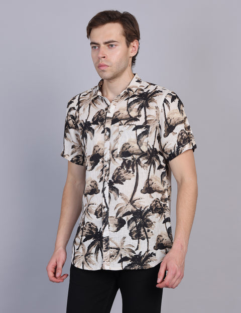 Wearhouse Men's Beige & Black Print Half Sleeve Regular Fit Linen Blend Shirt