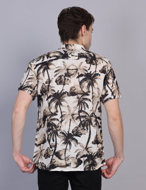 Wearhouse Men's Beige & Black Print Half Sleeve Regular Fit Linen Blend Shirt