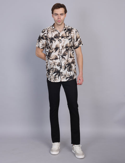 Wearhouse Men's Beige & Black Print Half Sleeve Regular Fit Linen Blend Shirt
