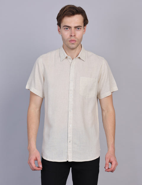 Wearhouse Men's Beige Solid Half Sleeve Regular Fit Linen Blend Shirt