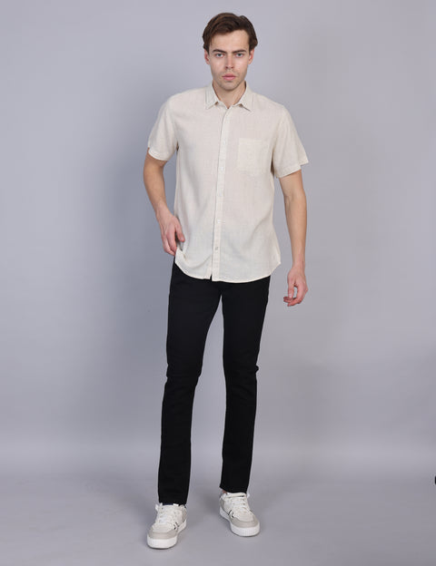 Wearhouse Men's Beige Solid Half Sleeve Regular Fit Linen Blend Shirt