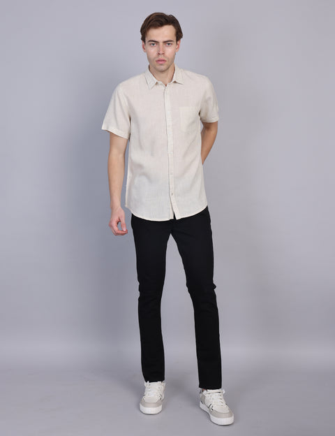Wearhouse Men's Beige Solid Half Sleeve Regular Fit Linen Blend Shirt