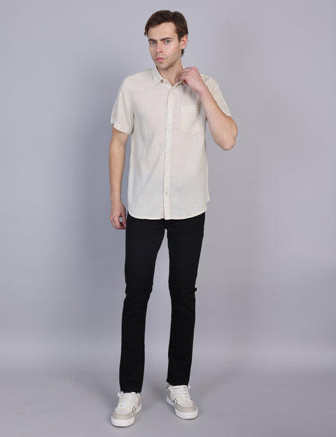 Wearhouse Men's Beige Solid Half Sleeve Regular Fit Linen Blend Shirt