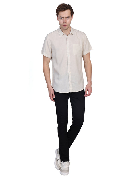 Wearhouse Men's Beige Solid Half Sleeve Regular Fit Linen Blend Shirt