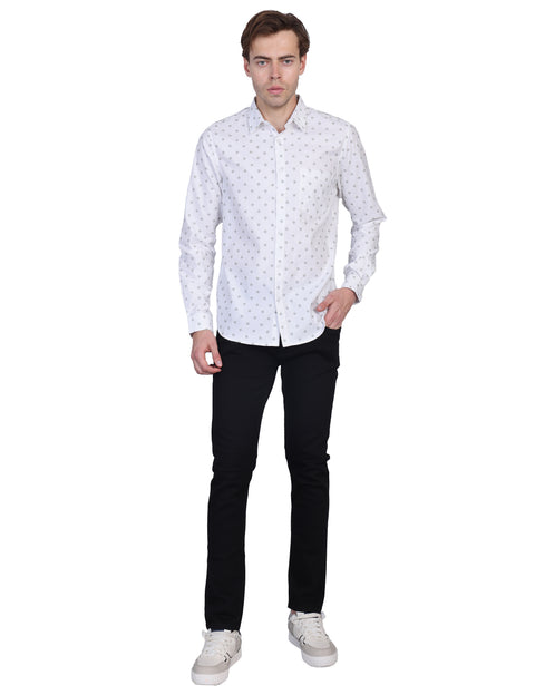 Wearhouse Men's White Printed Full Sleeve Regular Fit Cotton Shirt