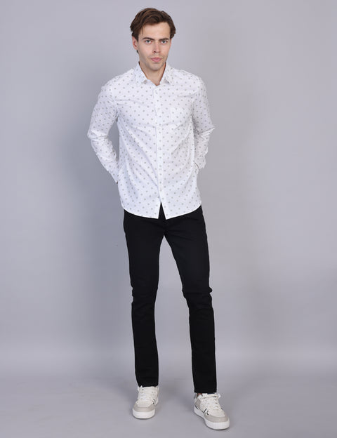 Wearhouse Men's White Printed Full Sleeve Regular Fit Cotton Shirt