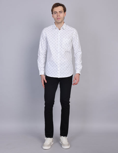 Wearhouse Men's White Printed Full Sleeve Regular Fit Cotton Shirt