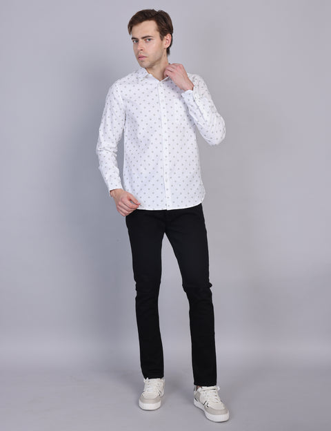 Wearhouse Men's White Printed Full Sleeve Regular Fit Cotton Shirt