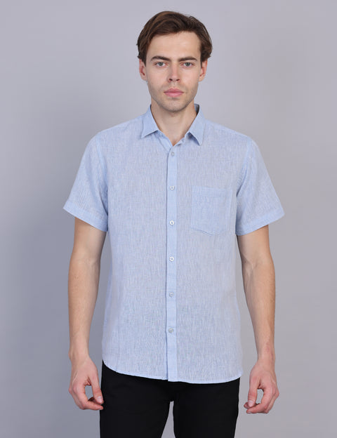 Wearhouse Men's Blue Solid Half Sleeve Regular Fit Linen Blend Shirt