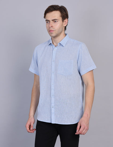 Wearhouse Men's Blue Solid Half Sleeve Regular Fit Linen Blend Shirt