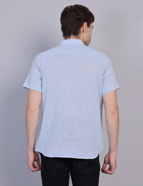 Wearhouse Men's Blue Solid Half Sleeve Regular Fit Linen Blend Shirt