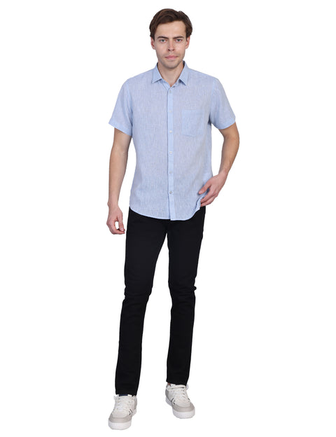 Wearhouse Men's Blue Solid Half Sleeve Regular Fit Linen Blend Shirt