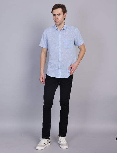 Wearhouse Men's Blue Solid Half Sleeve Regular Fit Linen Blend Shirt