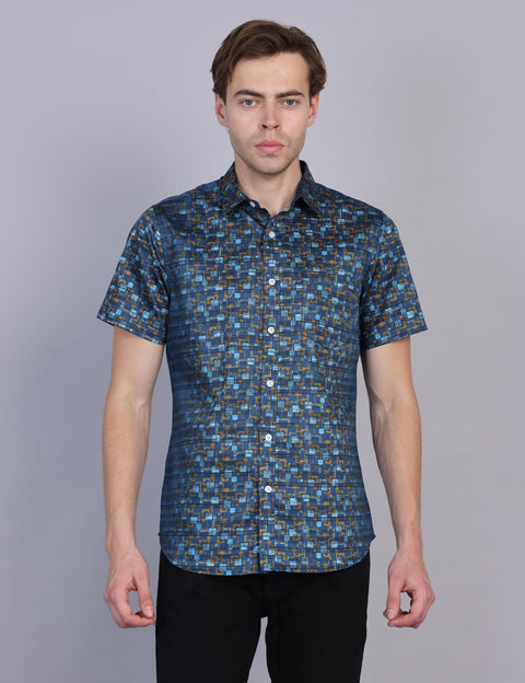 Wearhouse Men's Navy Print Half Sleeve Regular Fit Cotton Shirt