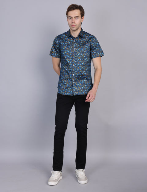 Wearhouse Men's Navy Print Half Sleeve Regular Fit Cotton Shirt