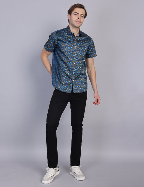 Wearhouse Men's Navy Print Half Sleeve Regular Fit Cotton Shirt