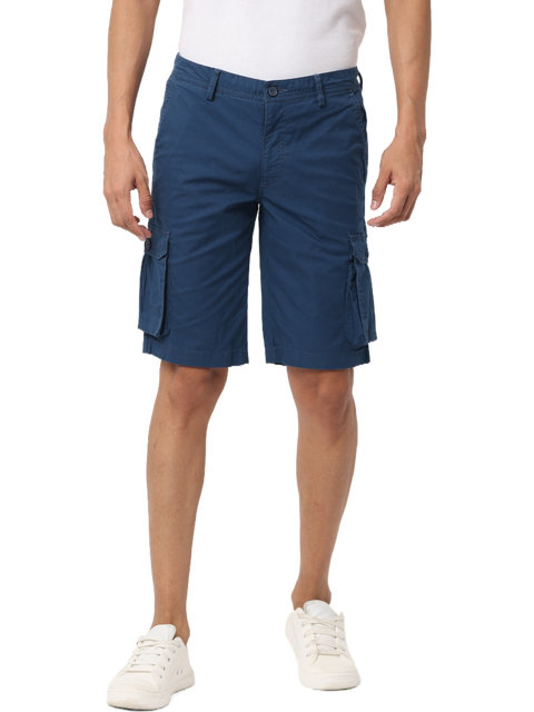 Men's Cotton Knee Length Solid Cargo Shorts, Blue