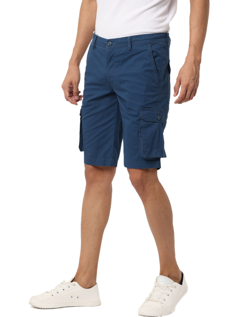 Men's Cotton Knee Length Solid Cargo Shorts, Blue