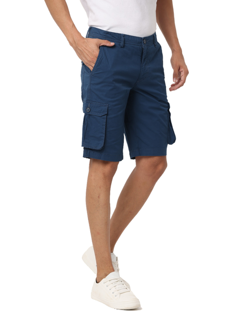 Men's Cotton Knee Length Solid Cargo Shorts, Blue