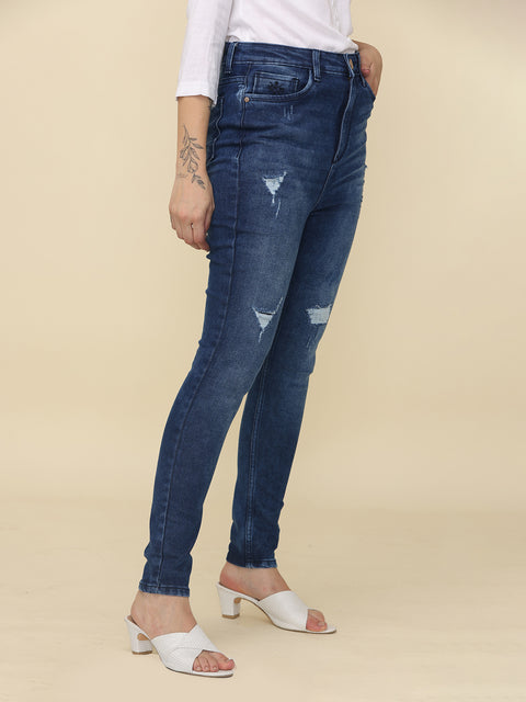 Women's Skinny Fit High Rise Distressed Jeans Trouser, Dark Blue