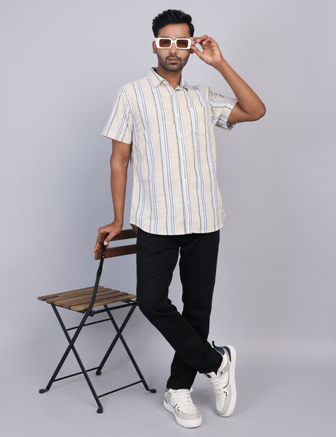 Beige Stripe Half Sleeve Shirt – Regular Fit
