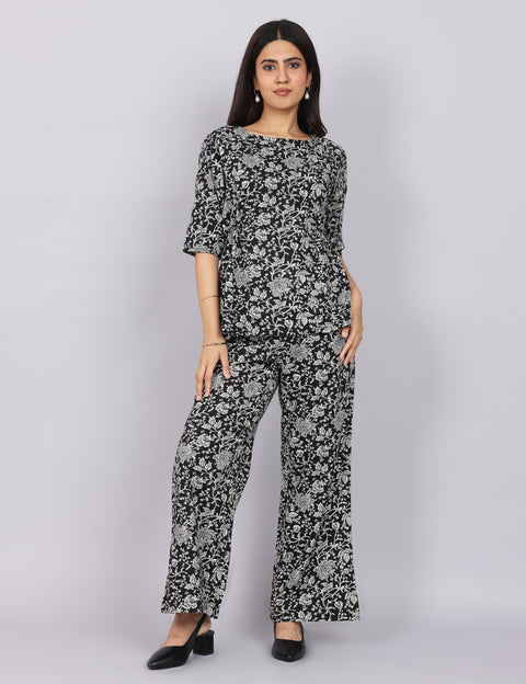 Women’s Black Printed Relaxed Fit Boat Neck Co-ord Set