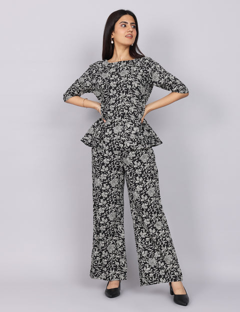 Women’s Black Printed Relaxed Fit Boat Neck Co-ord Set