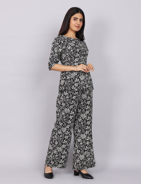 Women’s Black Printed Relaxed Fit Boat Neck Co-ord Set