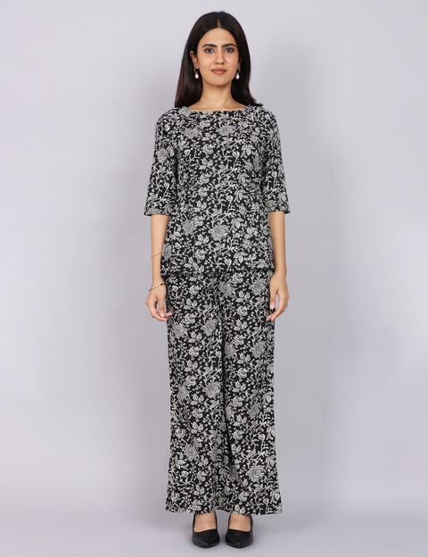 Women’s Black Printed Relaxed Fit Boat Neck Co-ord Set