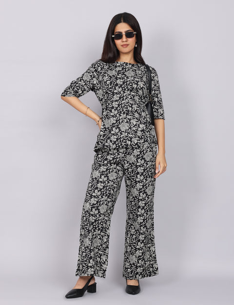 Women’s Black Printed Relaxed Fit Boat Neck Co-ord Set