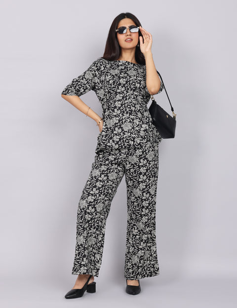 Women’s Black Printed Relaxed Fit Boat Neck Co-ord Set