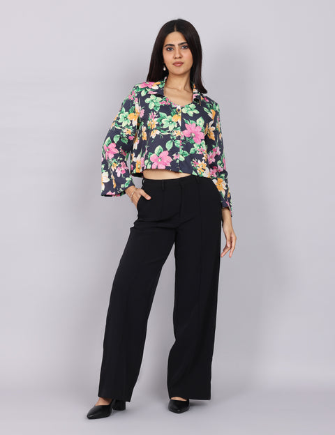 Women’s Navy Green Printed Relaxed Fit Collared Top