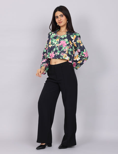 Women’s Navy Green Printed Relaxed Fit Collared Top