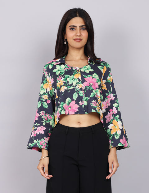 Women’s Navy Green Printed Relaxed Fit Collared Top
