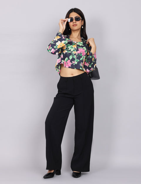 Women’s Navy Green Printed Relaxed Fit Collared Top