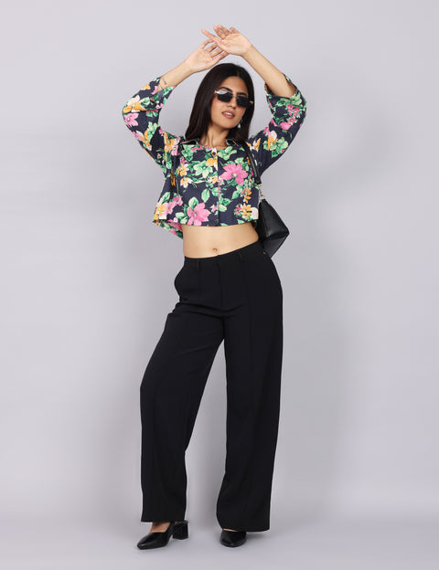 Women’s Navy Green Printed Relaxed Fit Collared Top