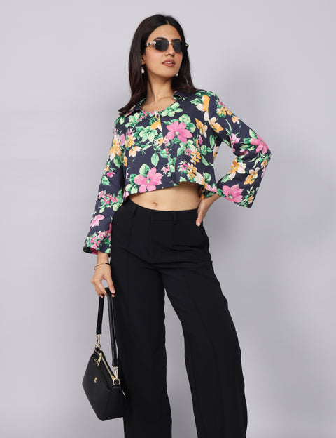 Women’s Navy Green Printed Relaxed Fit Collared Top
