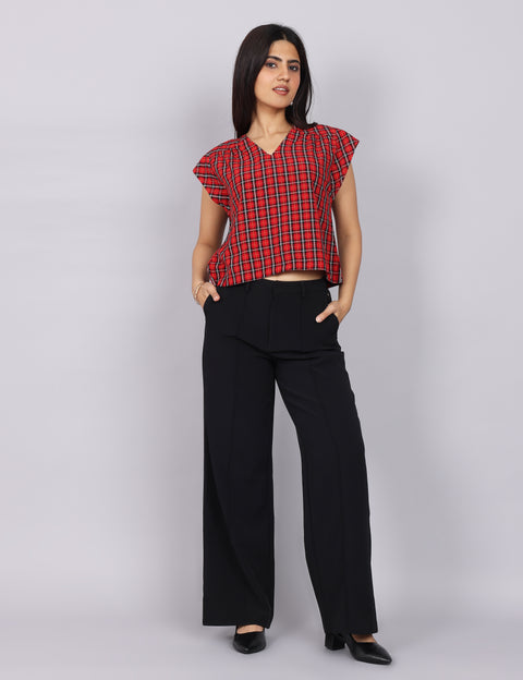Women’s Red Checks Regular Fit V-Neck Top