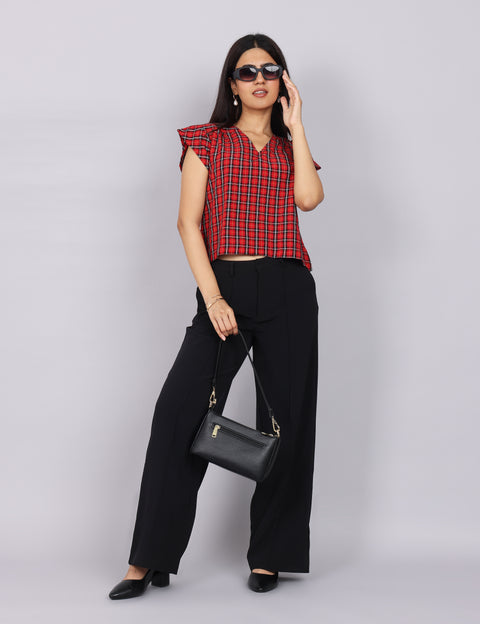 Women’s Red Checks Regular Fit V-Neck Top