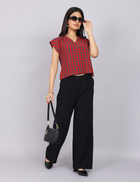 Women’s Red Checks Regular Fit V-Neck Top