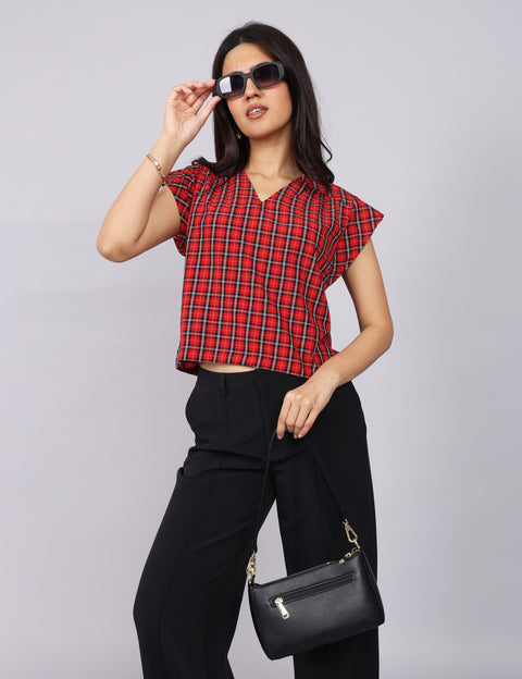 Women’s Red Checks Regular Fit V-Neck Top
